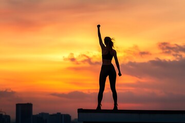 Silhouette of a victorious woman standing on a rooftop at sunset, raising her fist in triumph