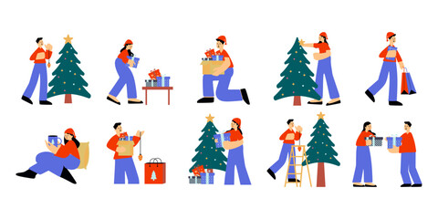 Fototapeta premium Christmas activities flat illustration set. Includes of gift wrapping, tree decorating, and snowball play. Vector illustration isolated transparent background