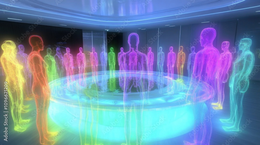 Aufkleber abstract figures in vivid, contrasting colors collaborating in a meeting around a circular table in 