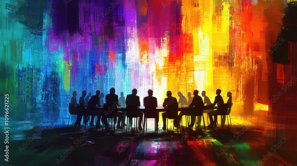 Aufkleber abstract figures in vivid, contrasting colors collaborating in a meeting around a circular table in 