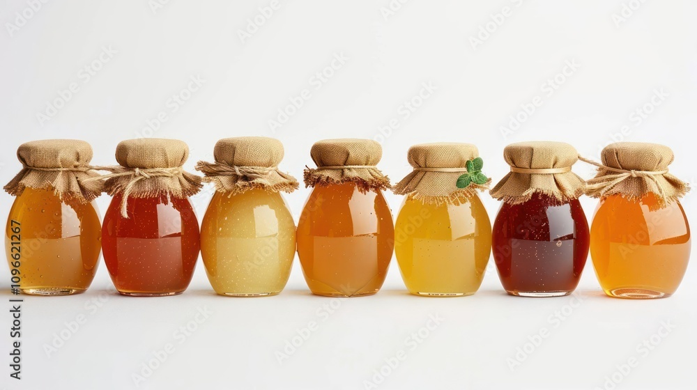 Poster a row of seven glass jars filled with honey, each with a different color and shade, from light to da