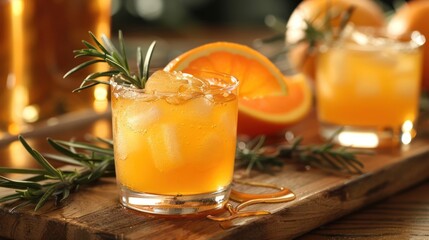 Refreshing orange cocktail with rosemary garnish and ice on wooden board.