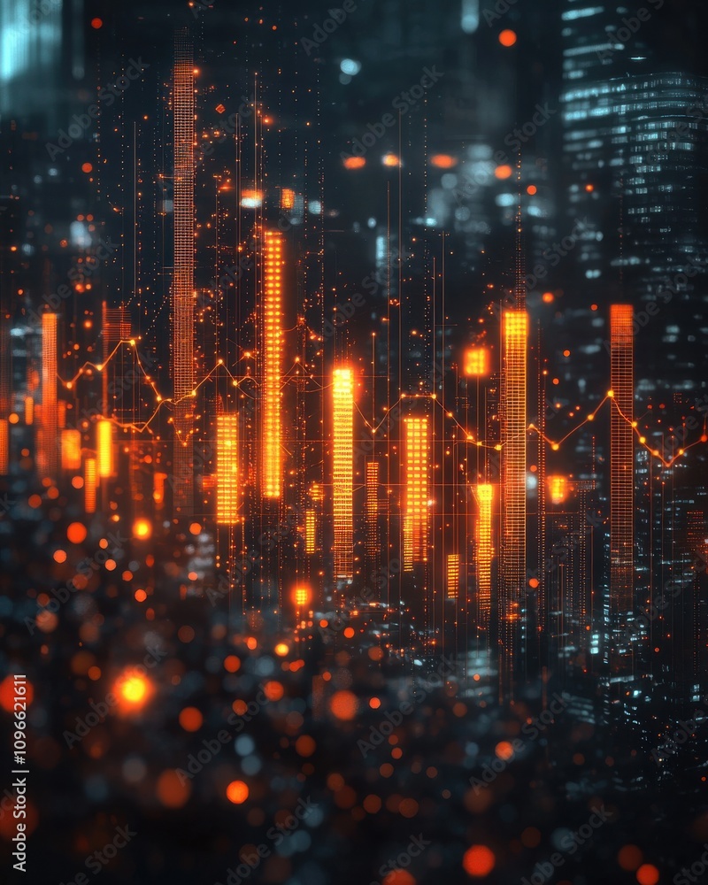 Poster dynamic business investment growth in a futuristic cityscape with glowing skyscrapers and data visua