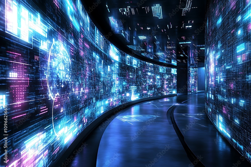 Poster a futuristic corridor with glowing digital displays and data visualizations.