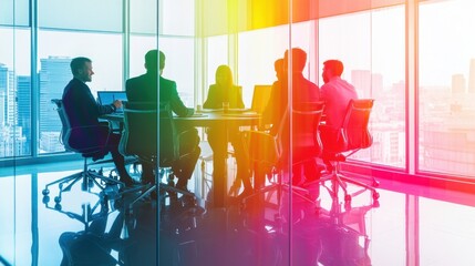 Bright and vibrant abstract figures animatedly discussing ideas at a circular table, with sunlight streaming through an office window.