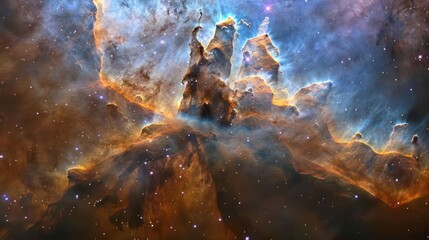 A vibrant and colorful nebula, a cloud of gas and dust in space, shines brightly with stars and cosmic dust.