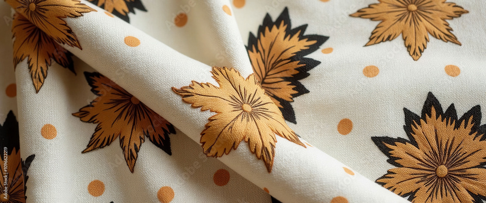 Poster a white and gold fabric with a leafy pattern. the fabric is rolled up and has a shiny appearance