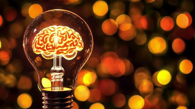 a light bulb with an illuminated human brain inside it. The background is dark with various orange and yellow bokeh lights, creating a visually striking contrast. The brain inside the light bulb symbo