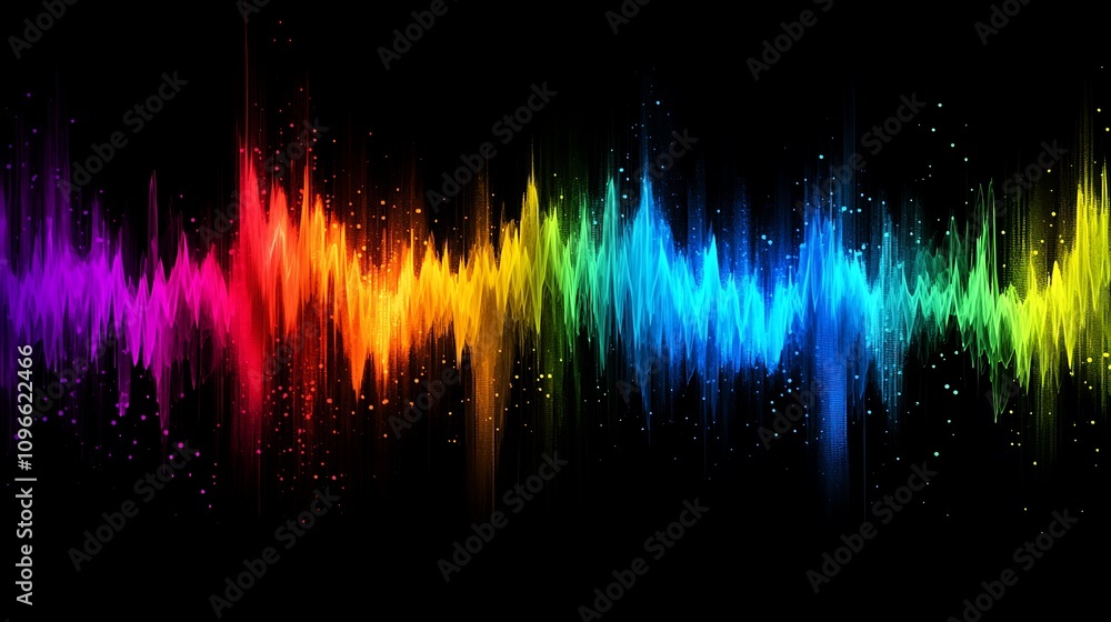 Poster a colorful sound wave graphic representing audio frequencies and music visualization.