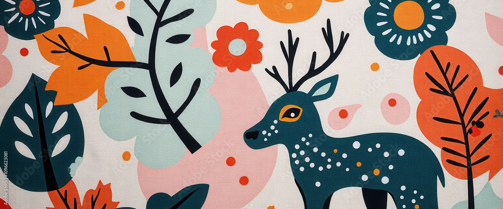 Poster a rug with two deer on it and a rabbit. the deer are in the middle of the rug and the rabbit is on t