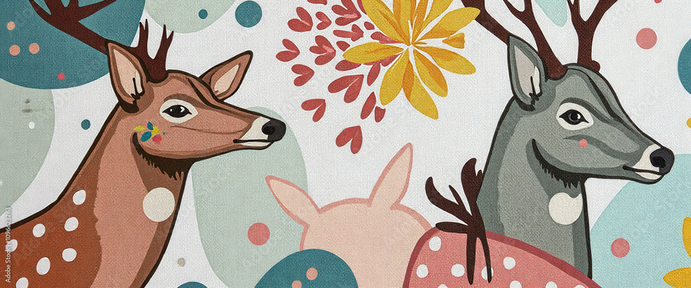 Poster a rug with two deer on it and a rabbit. the deer are in the middle of the rug and the rabbit is on t