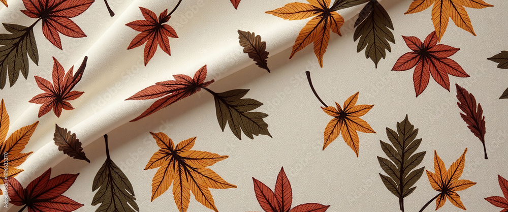 Poster a white and gold fabric with a leafy pattern. the fabric is rolled up and has a shiny appearance