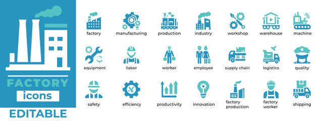 Professional factory vector icon set for manufacturing, logistics, equipment, safety, and industry projects. Fully editable and versatile design