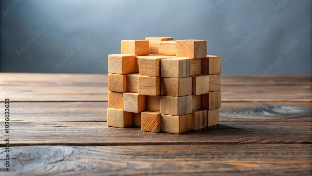 Poster a complex structure built from wooden blocks, showcasing a challenging puzzle or a delicate balance 