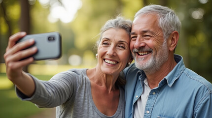 Obraz premium Happy senior couple taking a selfie together outdoors in a sunny park. Retirement and love concept.