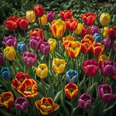 "A group of bright tulips in various colors, with green leaves surrounding them and a soft breeze blowing."