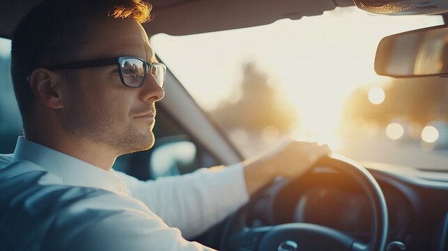 Man in glasses driving car at sunset.