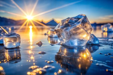Ice chunks reflecting sunset on frozen lake with ice texture