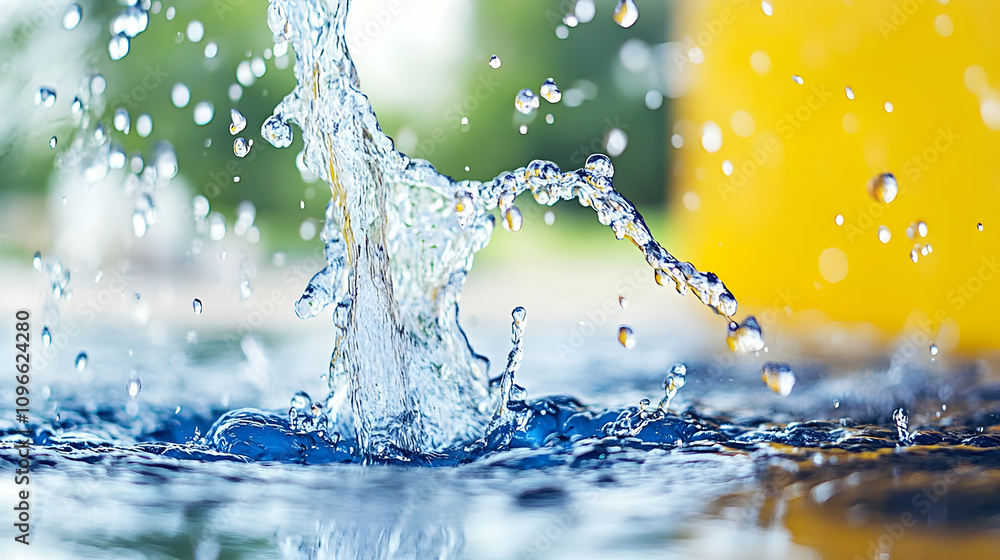 Poster water droplets splashing and impacting a surface, creating dynamic, abstract patterns against a blur