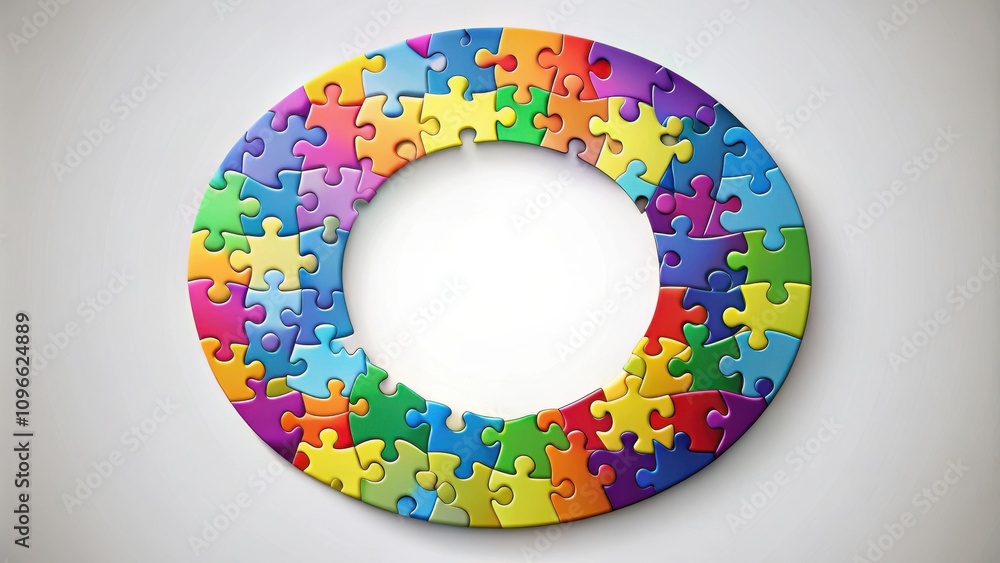 Poster A circular arrangement of colorful jigsaw puzzle pieces with a blank space in the center, symbolizing completion, unity, and the missing piece.