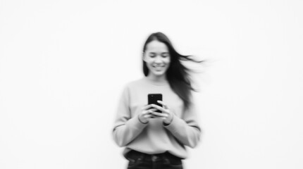 Fototapeta premium Blurred frame of a girl with a gadget in her hands. White background conveys communication joy and an energetic style