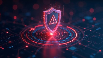 3D holographic digital shield with warning symbols representing threat detection on a dark background