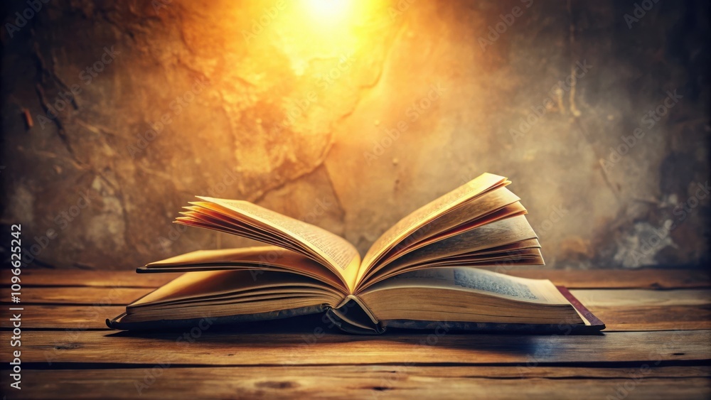Poster An Open Book Resting on a Wooden Table with a Warm Light Shining From Above