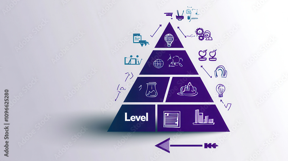 Poster pyramid diagram with purple boxes labeled level showcases various icons representing different conce