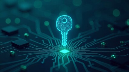 Floating digital key above a network of circuits, symbolizing data access control with blue and green glow