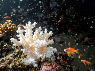 White coral illuminated underwater with vibrant orange fish swimming nearby, showcasing a thriving marine ecosystem.