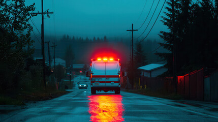 Obraz premium emergency vehicle with flashing lights on dark, rainy countryside road, creating dramatic scene. wet pavement reflects lights, enhancing atmosphere