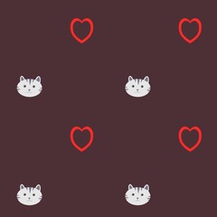 Valentines day seamless pattern with heart and cat