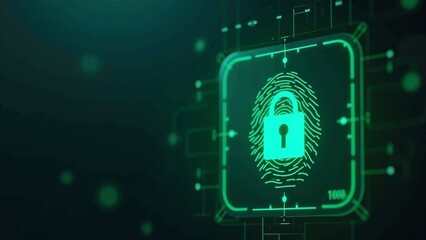 Obraz premium Biometric Fingerprint Screen Displaying Padlock Icon for Enhanced Digital Security with Soft Green Glow