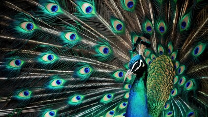 Obraz premium Peacock Feather Texture with Vibrant Teal, Sapphire Blue, and Shimmering Gold Accents – Exotic Design