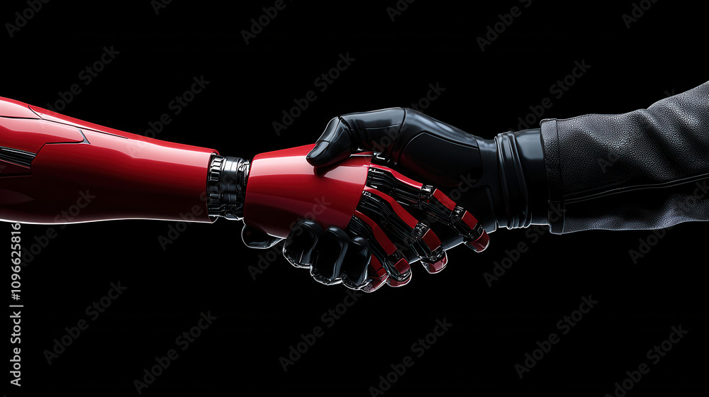 Poster close up of handshake between robotic arm and human hand, symbolizing collaboration and connection i