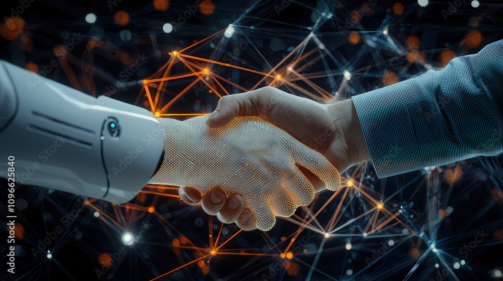 Poster close up of handshake between human and robotic hand, symbolizing collaboration and technology. back