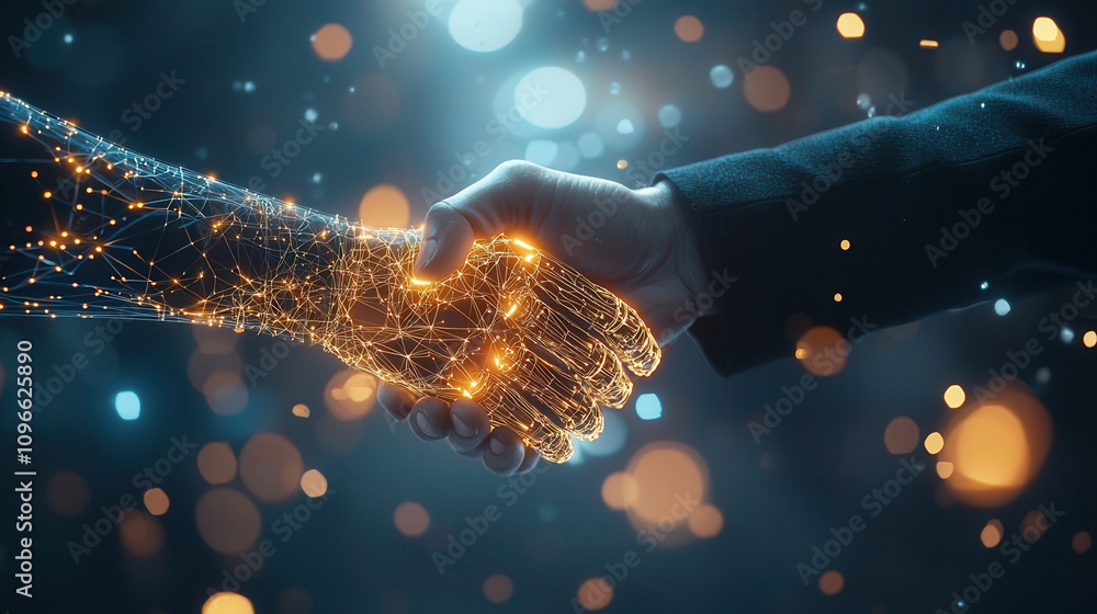 Poster close up of handshake between human and robotic hand, symbolizing collaboration and technology. hand