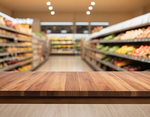 Fototapeta premium Empty wood table top with supermarket blurred background for product display