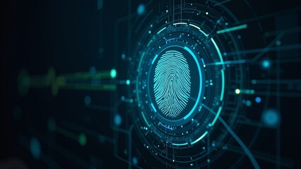 Futuristic fingerprint scanner overlay on holographic interface with neon blue and green lights