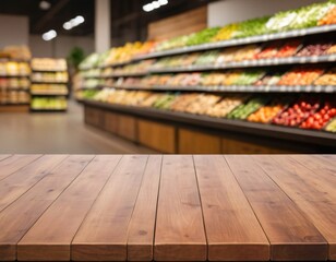 Empty wood table top with supermarket blurred background for product display