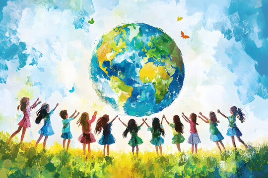 Colorful painting of children holding hands around Earth, unity and peace concept, diverse kids celebrating global harmony, environmental awareness, world togetherness, bright artwork