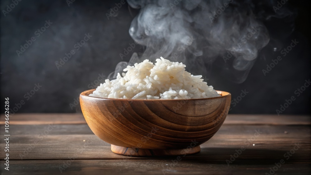 Poster steaming bowl of freshly cooked rice on a rustic wooden table, capturing the essence of a simple yet