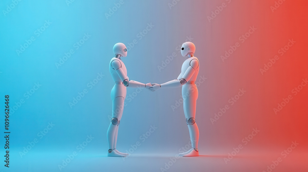 Poster two humanoid robots shaking hands in gradient background, symbolizing digital connection and collabo