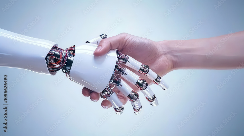 Poster digital connection between human and robot hands symbolizes collaboration and innovation in technolo