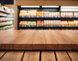 Empty wood table top with supermarket blurred background for product display