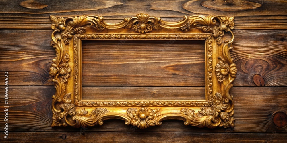 Poster ornate golden frame adorned with intricate carvings against a rustic wooden background