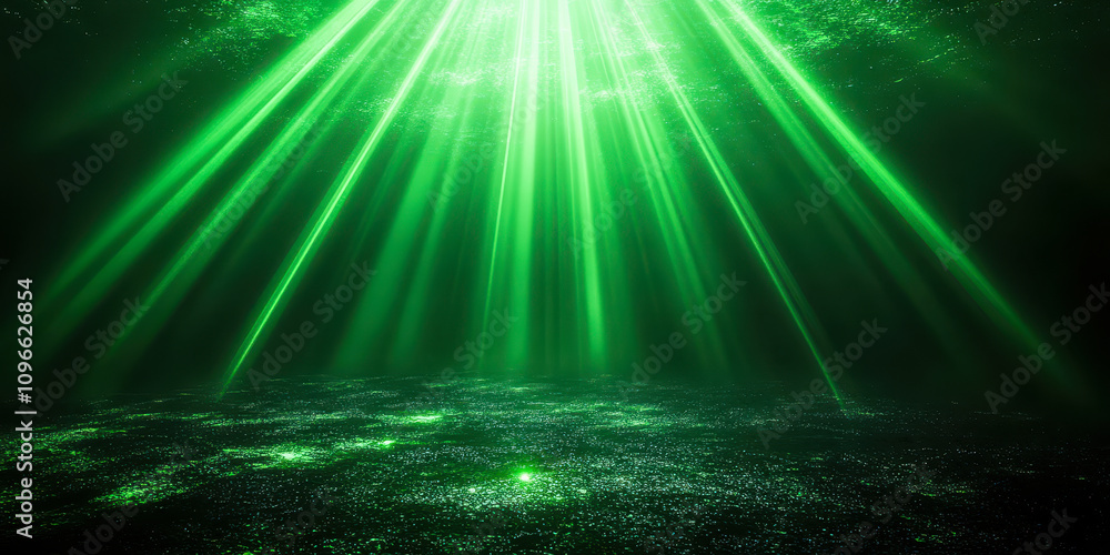 Poster abstract green light rays with dark background on reflective surface