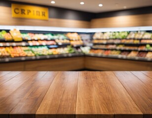 Fototapeta premium Empty wood table top with supermarket blurred background for product display