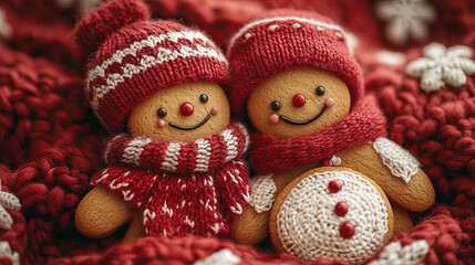 Smiling gingerbread man and woman on a knitted blanket. Merry Christmas winter holiday Festive