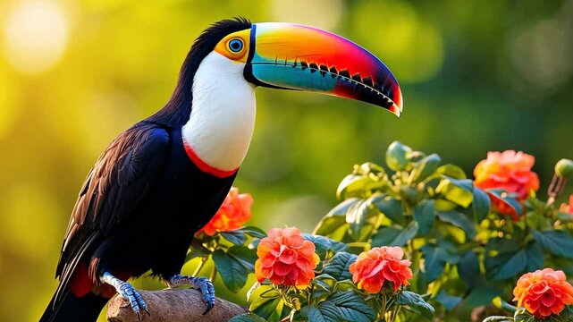 Keel-billed toucan perched on a branch with colorful flowers